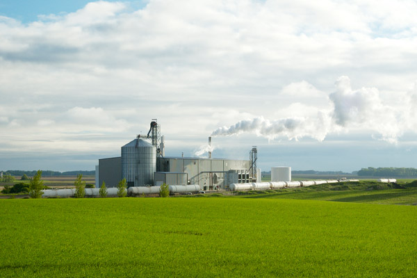 A biofuel plant stands against a bright sky, with a train of tanker cars below.