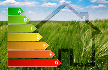 An energy efficiency rating graphic shows colored bars going from A to G.