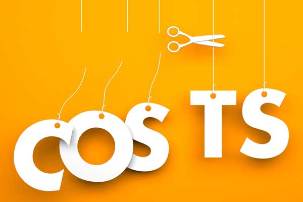 The image is of the word "COSTS" spelled out in white, hanging as if from strings, with scissors cutting one of the strings.