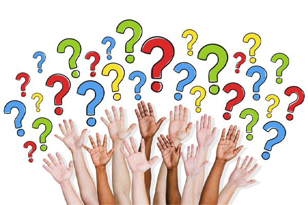 raised hands below brightly colored question marks