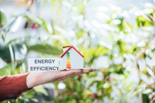 hand holding energy efficiency sign and a miniature house depicting energy saving tips