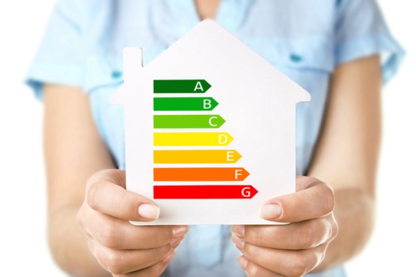 Female holding miniature house with energy efficiency scale